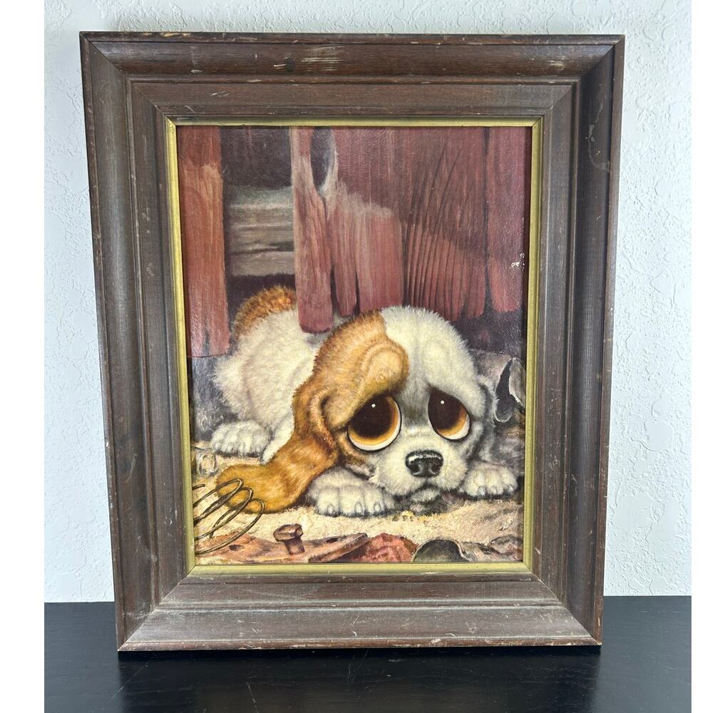 Vtg Print Board Artwork- Big Eyes Puppy- brown frame- 18x15" pity puppy hound